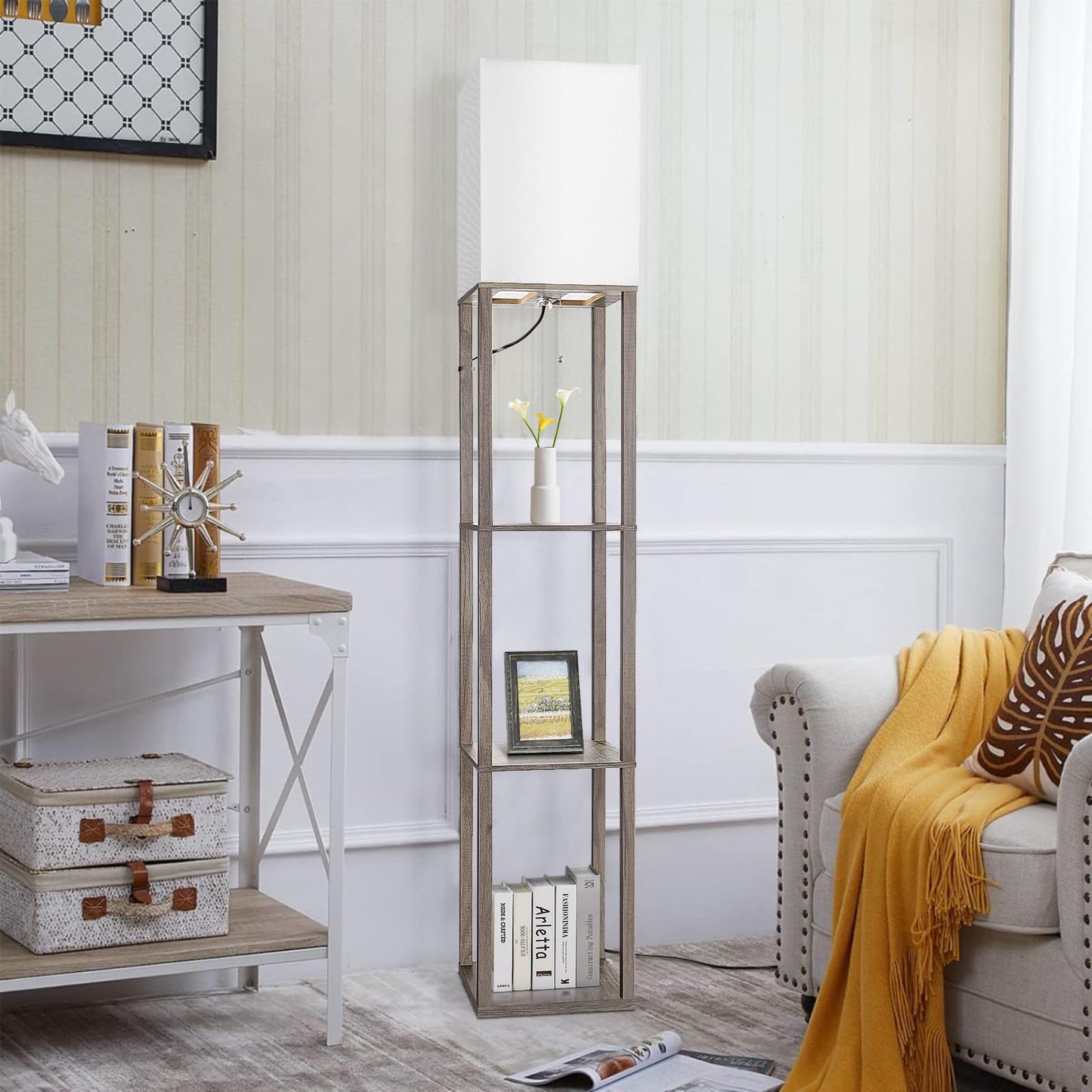 Floor Lamp with Shelves，Wood Corner Floor Lamps for living room tables with 3 CCT LED Bulb,Modern Display Bookshelf Nightstand Lamps,Column Standing Lamp for Bedroom Office Home Decor-Rustic Wood