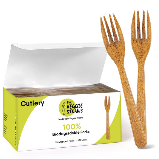 Premium Quality100% Biodegradable Forks Made of Vegetable Fibers, 100 PCS of 6.7” Long Heavy-Duty and Splinter Free Eco-Friendly Forks, Perfect Sustainable Cutlery for All Types of Occasions