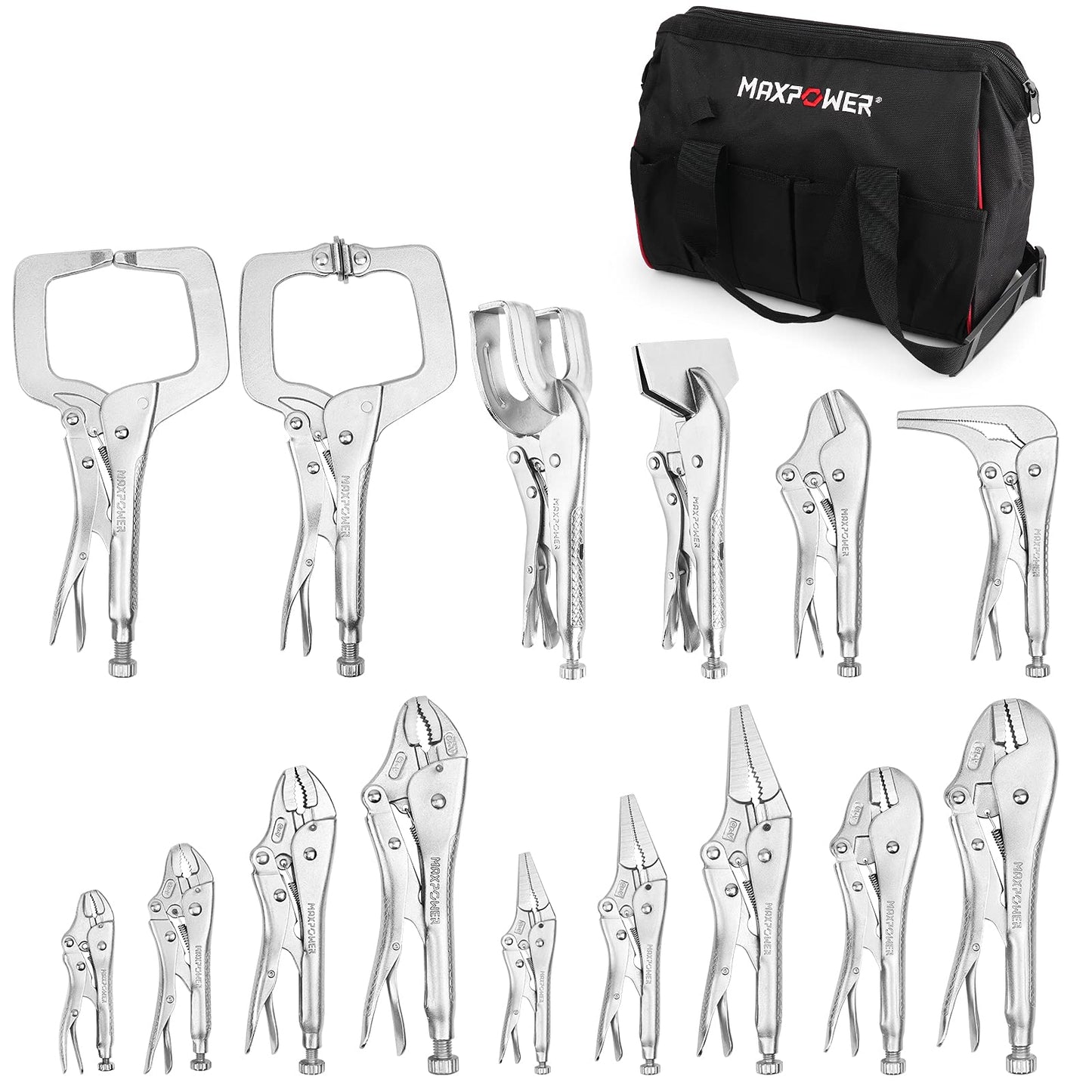 MAXPOWER 15-pc Locking Pliers Set with C-clamps, Long Nose, Pinch Off, Sheet Metal Clamp, U Shaped Pliers and Tool Bag