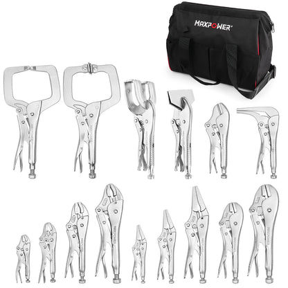 MAXPOWER 15-pc Locking Pliers Set with C-clamps, Long Nose, Pinch Off, Sheet Metal Clamp, U Shaped Pliers and Tool Bag