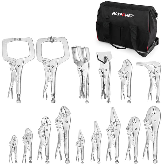MAXPOWER 15-pc Locking Pliers Set with C-clamps, Long Nose, Pinch Off, Sheet Metal Clamp, U Shaped Pliers and Tool Bag