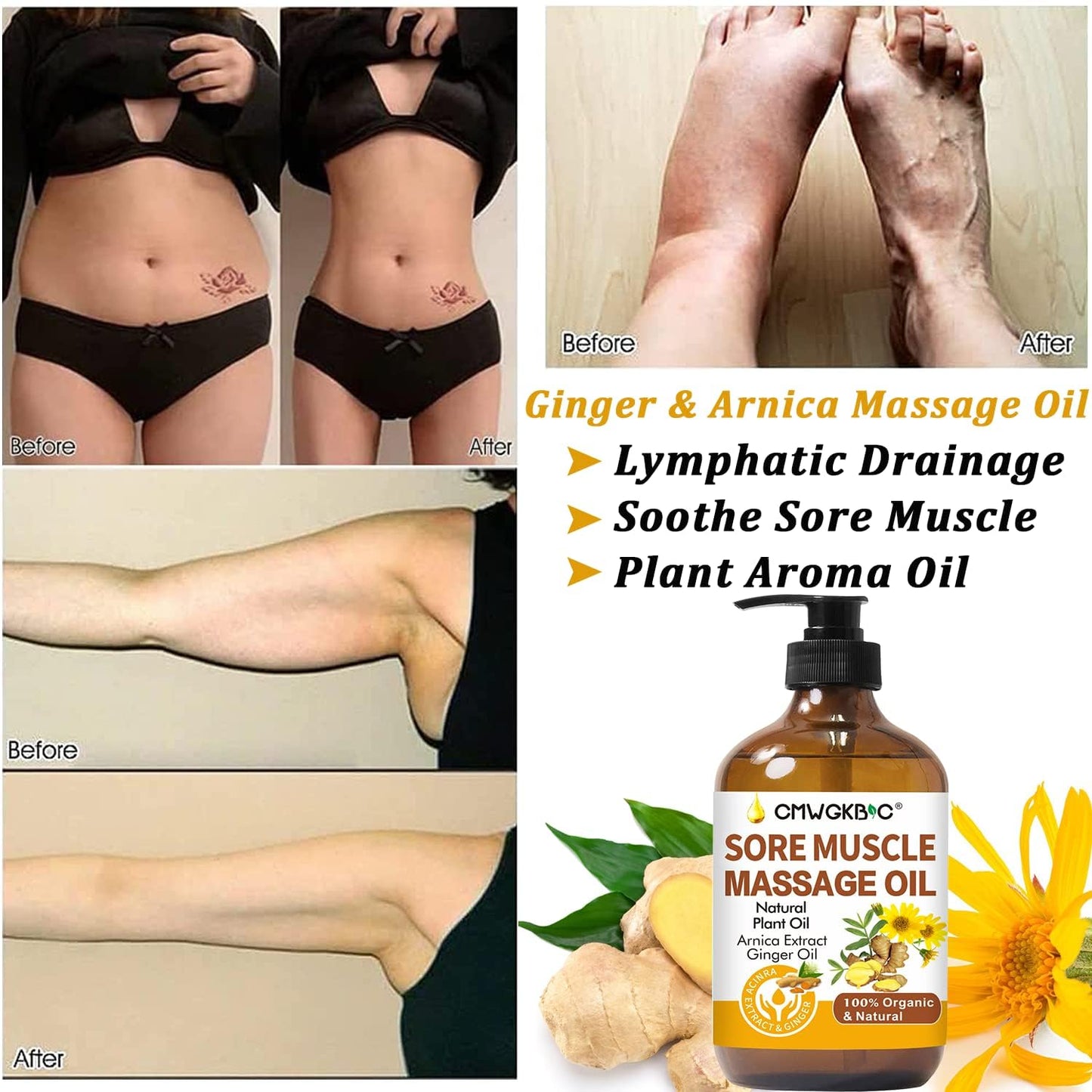 Massage Oil for Massage Therapy,Lymphatic Drainage-Ginger Oil Sore Muscle Arnica Oil &Lavender Oil Relaxing Massage Oils for Date Night,Massage Ball,Fathers Day Gift for Husband,Men, Gifts for Him Her