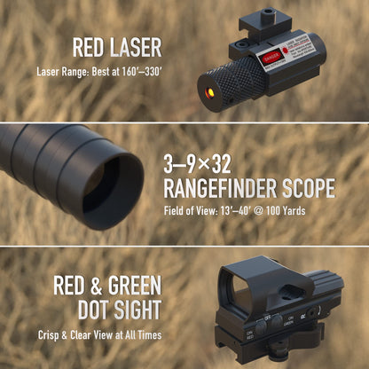 PINTY Rifle Scope Red Dot Laser Combo — 4in1 Gun Set: 3-9x32 Illuminated Hunting Scope, Green or Red Dot, Red Laser Sight, Pic Riser Mount — Tactical Scope and Laser for Shooting Airsoft More, Black