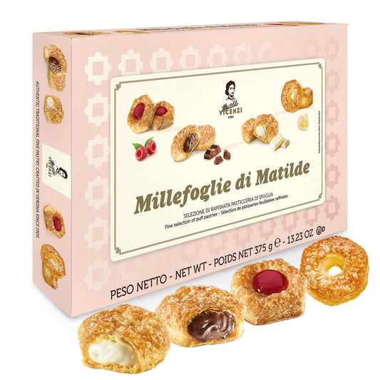 Matilde Vicenzi Millefoglie D'Italia Fine Selection of Italian Puff Pastries, Assortment of Vanilla, Chocolate, Butter & Raspberry Cookies for Gifting - 13.23 oz (375g)