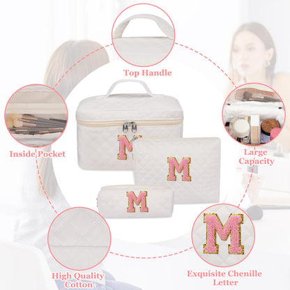 nitial Makeup Bag, Personalized Monogram Cosmetic Bag Set, Large Make up Bags | Travel Toiletry Bag | Makeup Bag for Girls Teen Girl Friend Sister Wife Girlfriend Gifts Daughter (Letter M)