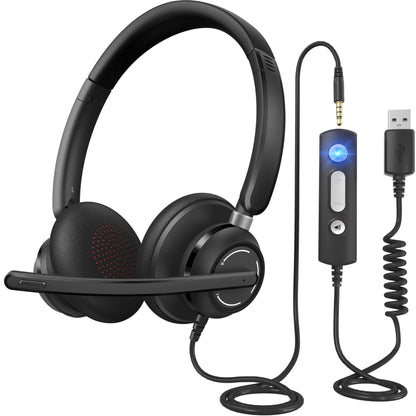 JabNecter USB Headset with Microphone for PC, Wired Headphones with Noise Cancelling Mic, Computer Headset with in-line Controls, 3.5mm & USB Plug for Zoom, Skype, Call Center, Office Use, Black