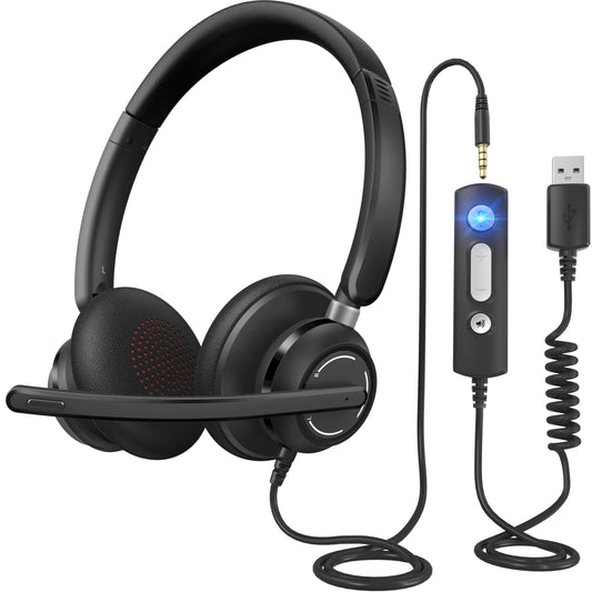 JabNecter USB Headset with Microphone for PC, Wired Headphones with Noise Cancelling Mic, Computer Headset with in-line Controls, 3.5mm & USB Plug for Zoom, Skype, Call Center, Office Use, Black