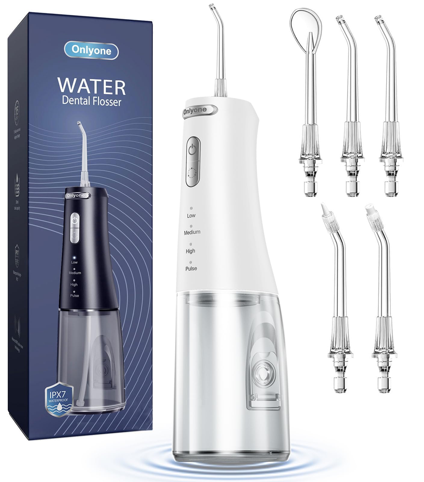 Onlyone Water Dental Flosser, 300ML Portable Oral Irrigator for Teeth, 4 Modes and 5 Jet Tips,Rechargeable Irrigation Cleaner,Electric Flossing Machine Power Flossers & Irrigator Accessories White