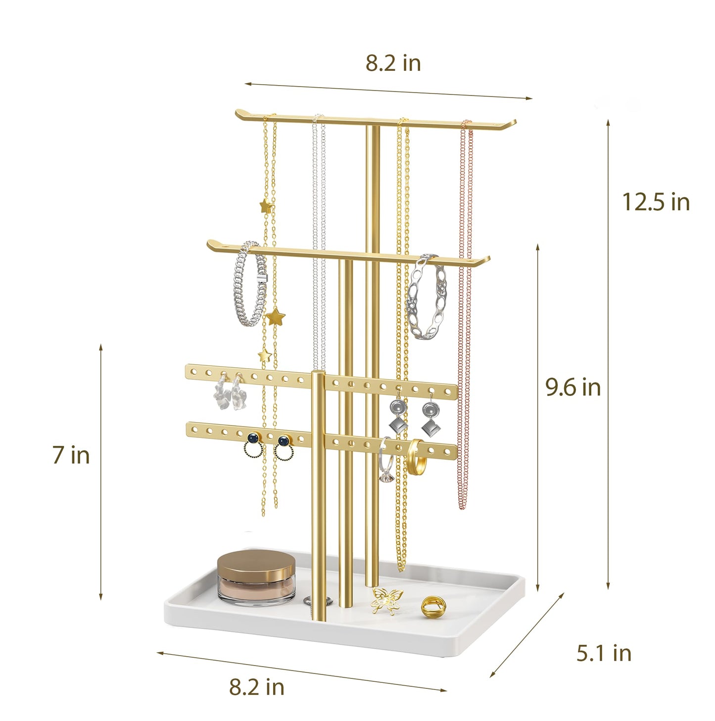 Jewelry Holder Organizer, 12.5'' Tall Sturdy Metal Stand, 3-Tier Jewelry Hanger for Necklace, Earring, Bracelet, Ring, for Display and Storage, Aesthetic Room Decor, Gold Jewlery Tree with White Tray