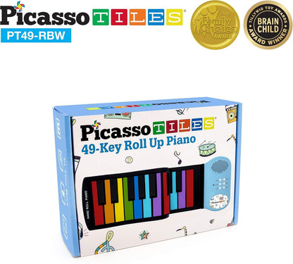 PicassoTiles® PT49 Kid's 49-Key Flexible Roll-Up Educational Electronic Digital Music Piano Keyboard w/Recording Feature, 8 Different Tones, 6 Educational Demo Songs & Build-in Speaker - Rainbow