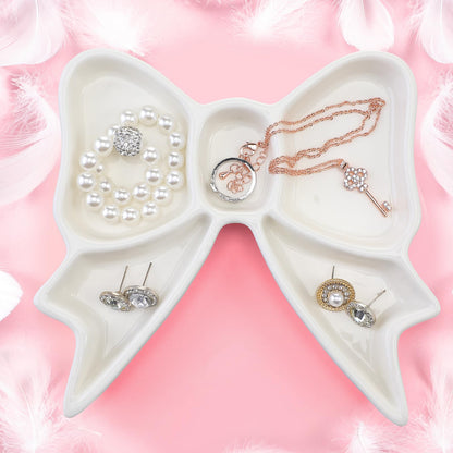 LemonRoad White Bow Jewelry Tray Coquette Ceramic Bow Tray Rings Necklace Bracelets Earrings Storage Dish Cosmetics Trinket Jewelry Key Bowl for Woman Girls Gifts Room Decor