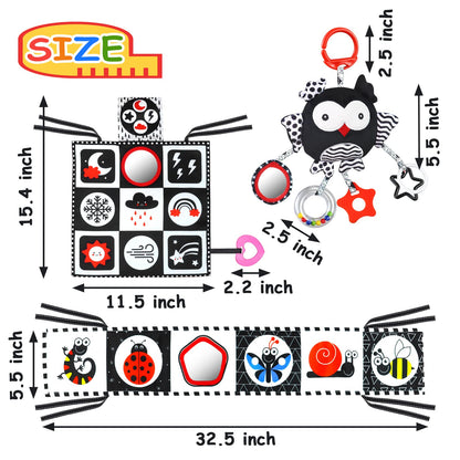 KUANGO Black and White High Contrast Baby Toys 0-6 Months with Mirror, Crinkle and Rattles, Soft Baby Toys for Brain Development Montessori Sensory Tummy Time Newborn Infant for 0 3 6 9 Months Old