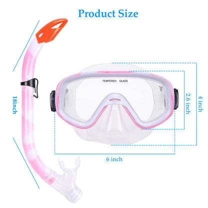 Kids Snorkel Set, Children Anti-Fog Diving Mask Swimming Goggles Full Dry Top Snorkel Equipment Snorkeling Packages Swimming Gear for Youth Boys Girls Age 5-10 (Pink White)