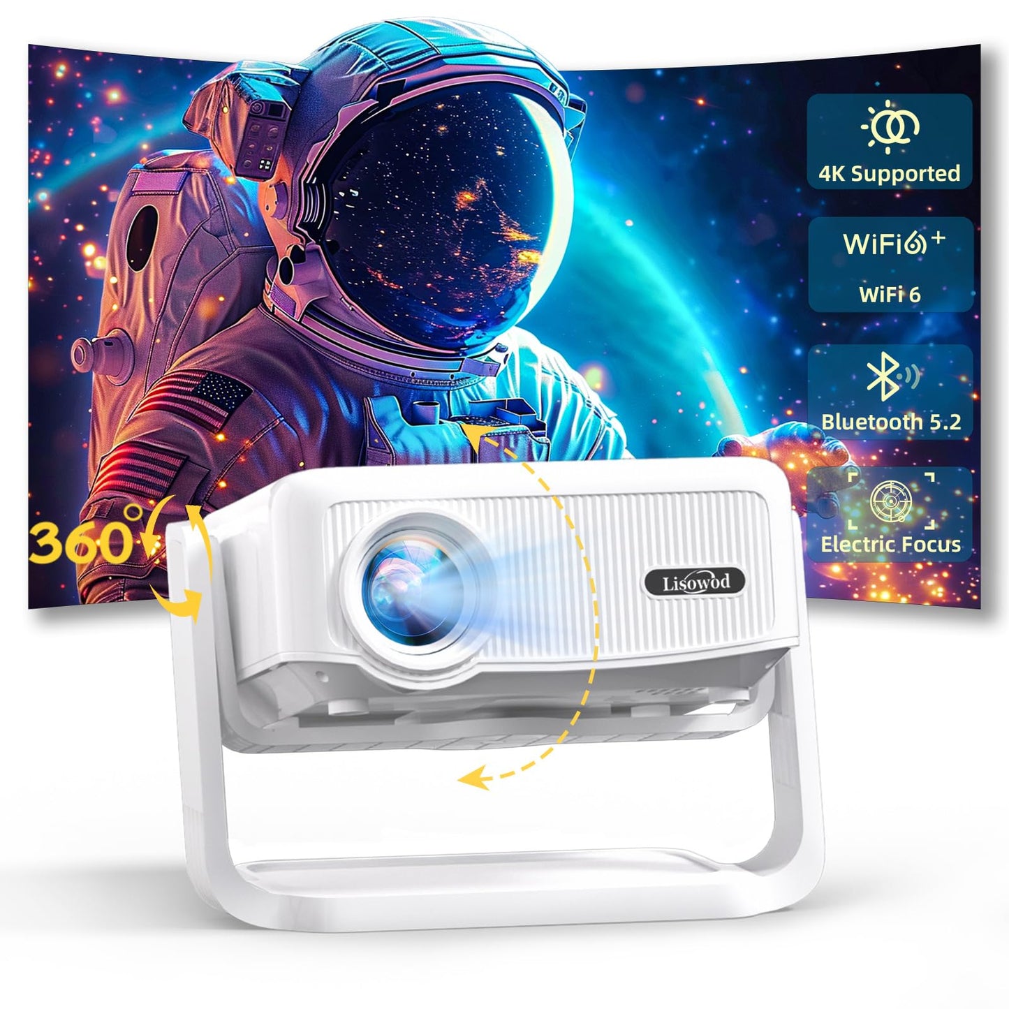 Projector with WiFi and Bluetooth,Mini-Projector: [550 ANSI & 360°Adjustable-Stand & Electric Focus & Auto Keystone], Lisowod L02 2025 Upgrade Portable 1080P Outdoor Movie Projector for Phone/TV Stick