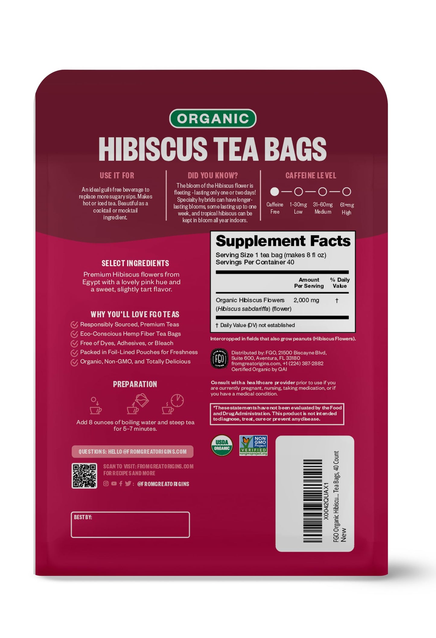 FGO Organic Hibiscus Herbal Tea, 40 Count, Eco-Conscious Tea Bags, Caffeine Free (Pack of 1)