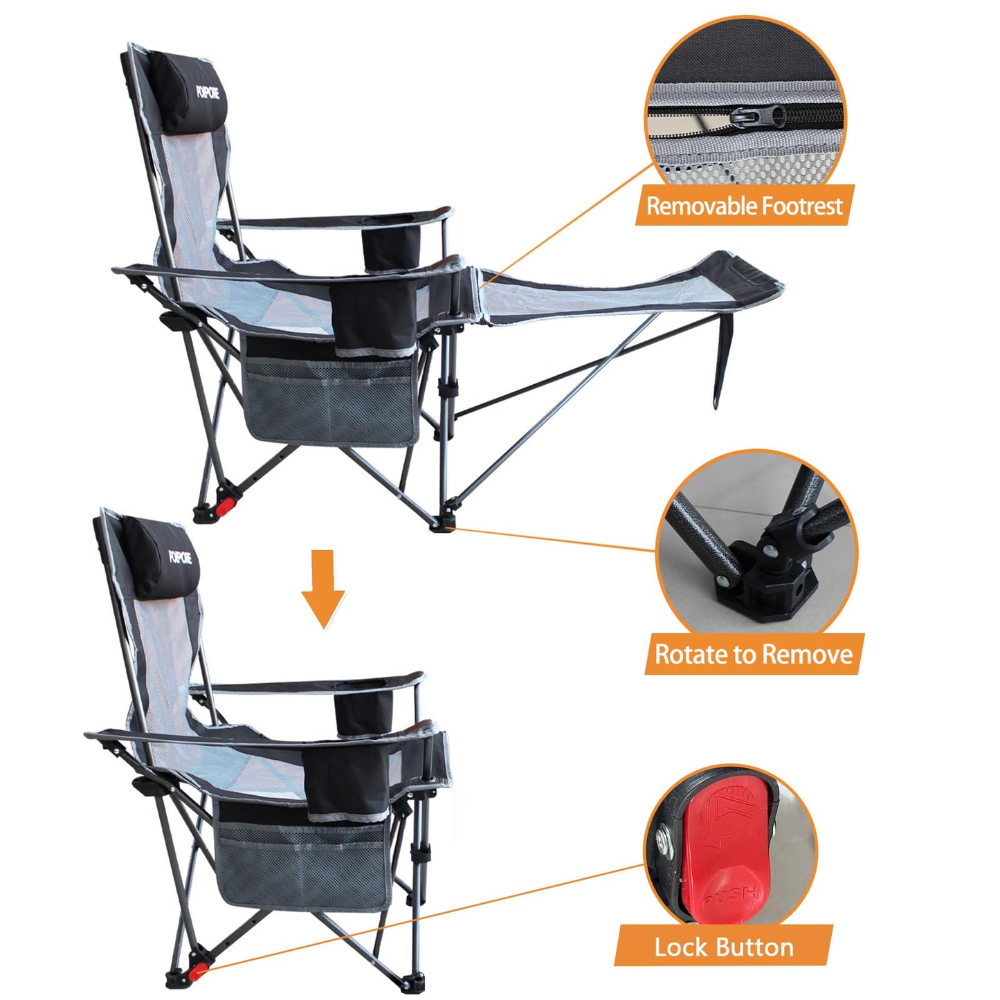 POEPORE Reclining Camping Chair with Removable Footrest Lounge Chair with Headrest, Cotton Cushion, Portable Adjustable Folding Chairs for Adults Black