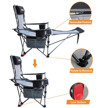 POEPORE Reclining Camping Chair with Removable Footrest Lounge Chair with Headrest, Cotton Cushion, Portable Adjustable Folding Chairs for Adults Black