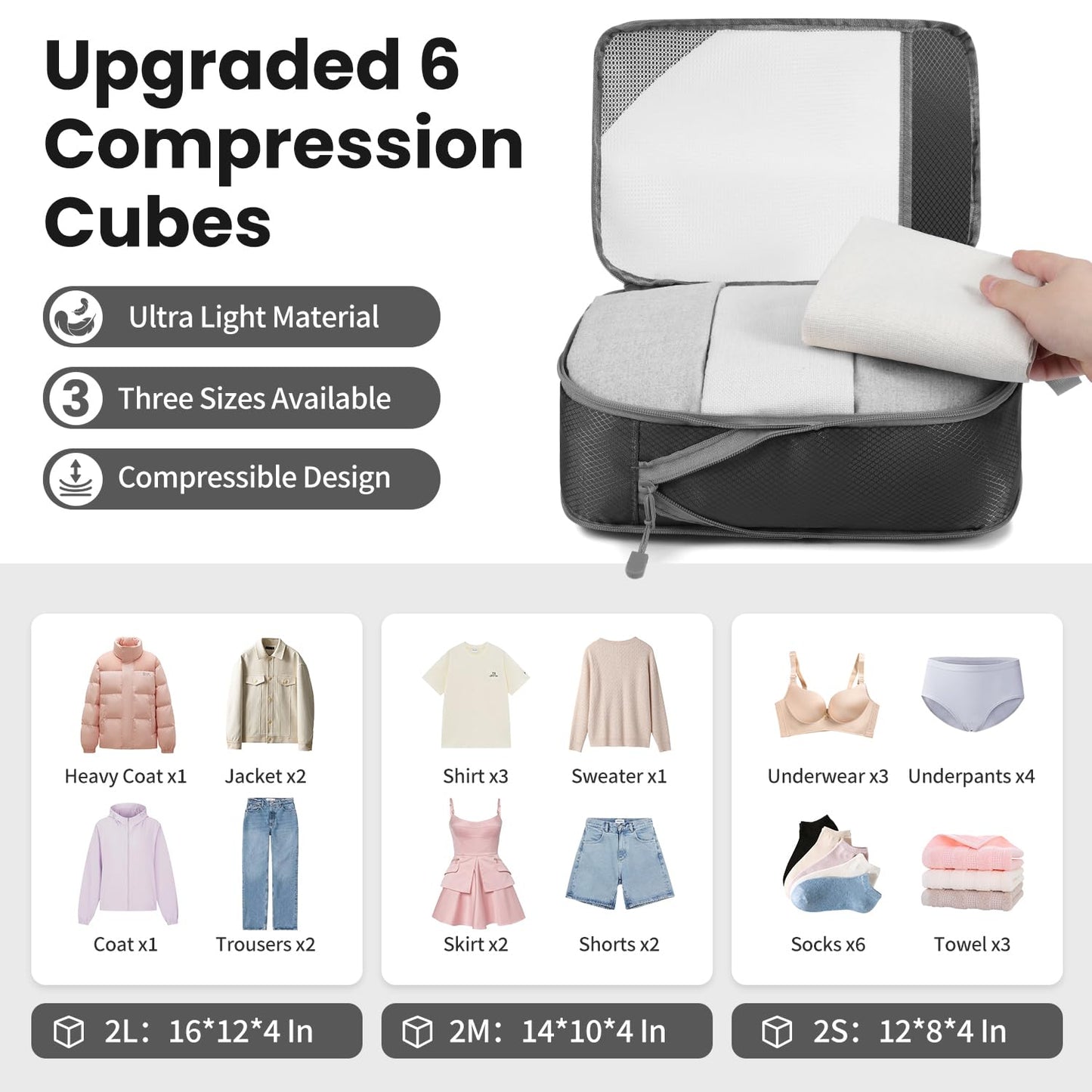 Prezon 8 Set/6 Set/4 Set Compression Packing Cubes for Travel, Lightweight Vacation Travel Essentials, Accessories for Suitcase Organizer Bags Set, Durable Luggage Organizer （6-half mesh-Black）