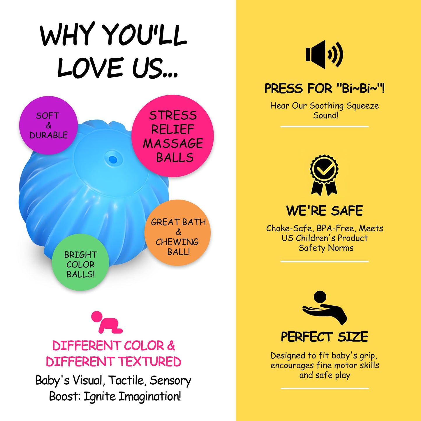 ROHSCE Baby Textured Multi Sensory Toys Massage Ball Gift Set BPA Free for Toddlers 1-3 Soft Balls Montessori Infant Baby Toys 6 to 12 Months 6 Pack