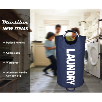 Maxsilan 90L Large Laundry Basket, Freestanding Tall Clothes Hamper, Collapsible Laundry Bag, Dark Blue