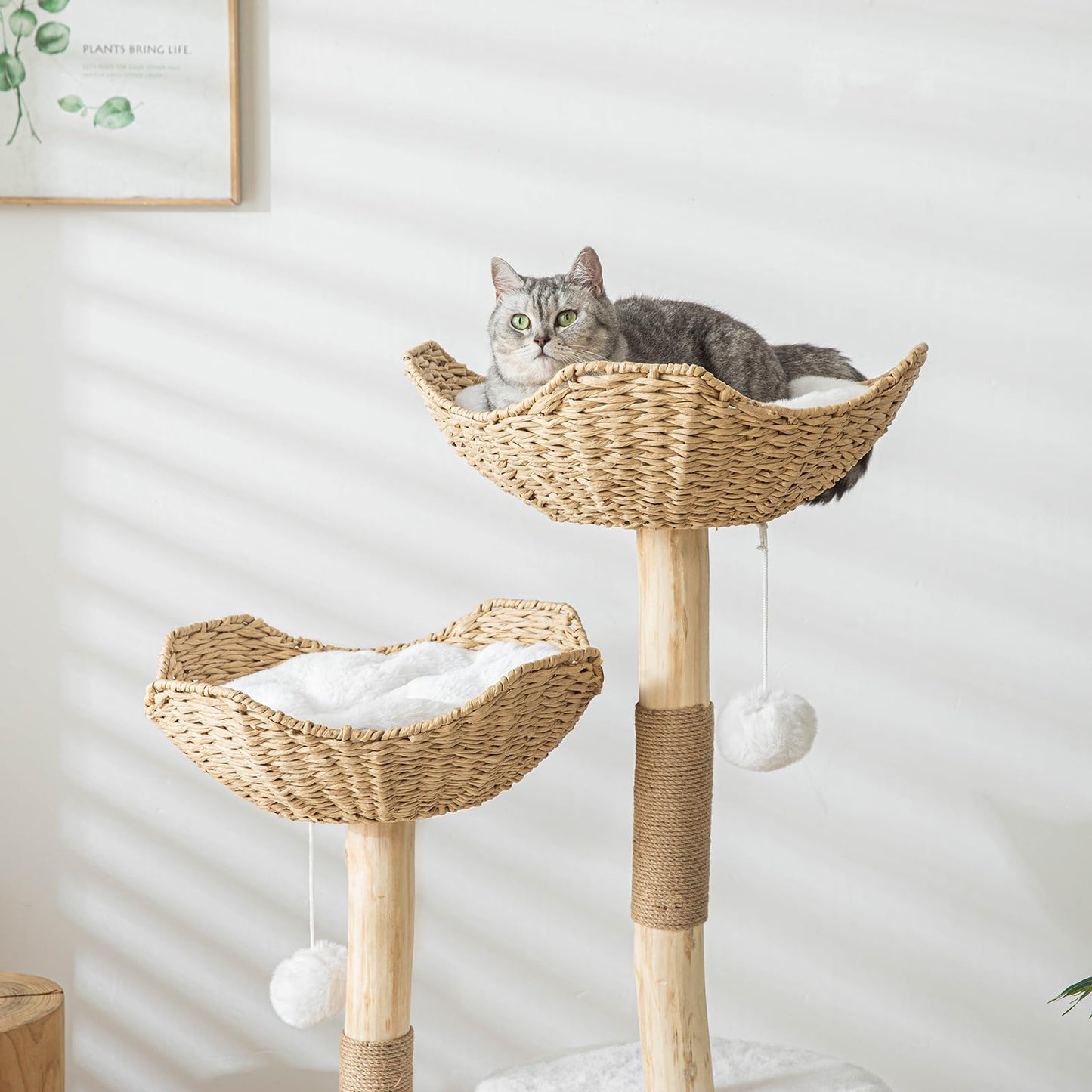 Pisarry Cat Tree Tower, 46 inch Modern Cat Tree for Indoor Cats Large Adult, Luxury Cat Condo with Scratching Post, Real Solid Wood Branch Indoor Boho Furniture, Climbing Tower, White