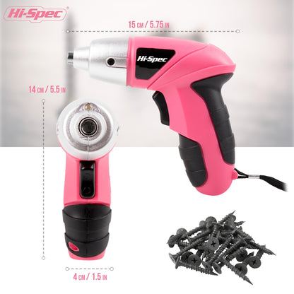 Hi-Spec Electric Screwdriver 27pc 3.6V Pink USB Small Power Screwdriver Set. Cordless & Rechargeable with Driver Bit Set