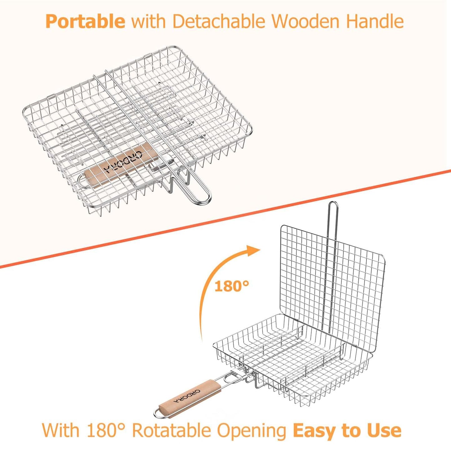 ORDORA Grill Basket, Fish Grill Basket, Rustproof Stainless Steel BBQ Grilling Basket for Meat,Steak etc, Grill Accessories,Grilling Gifts for Men Dad
