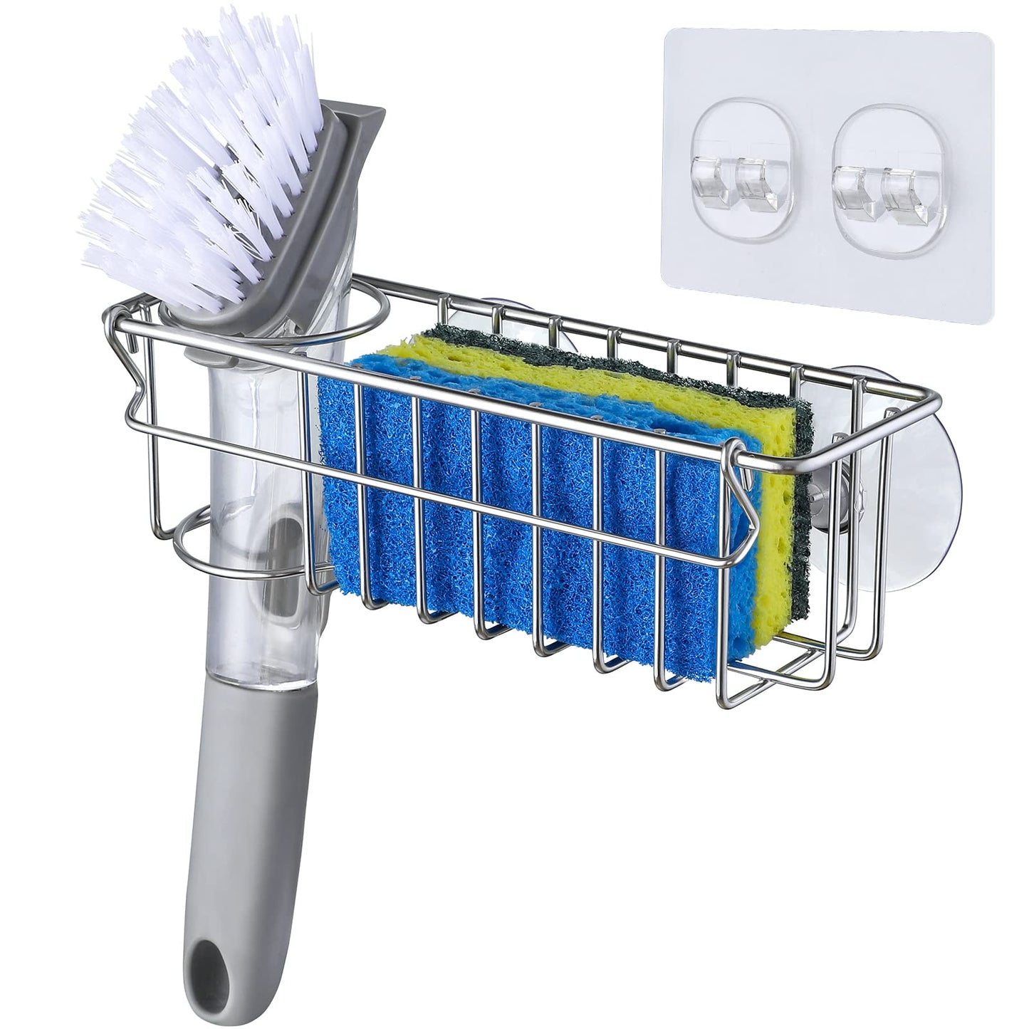 3-In-1 Sponge Holder for Kitchen Sink with Suction Cups & Adhesive Hook, In-sink Sponge Holder, Wall Hanging Sink Caddy Organizer Rack - Sponge, Dish Cloth, Brush, Scrubber - 304 Stainless Steel