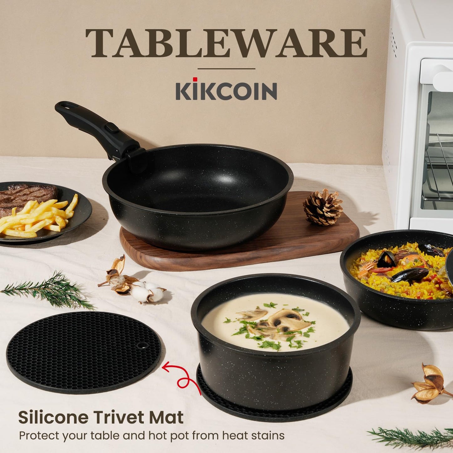 KIKCOIN 20 Pcs Pots and Pans Set Non Stick, Detachable Handle Cookware Sets Nonstick, Non Toxic Induction RV Kitchen Cooking Set with Removable Handles, Dishwasher/Oven Safe, Easy Clean (Black)