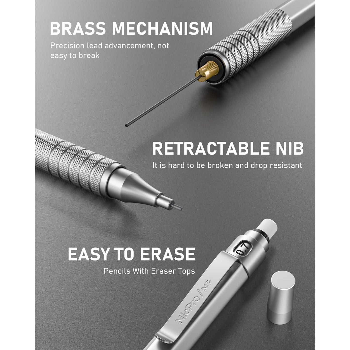 Nicpro 0.7 Metal Mechanical Pencil Set with Case, 3PCS MP1000 0.7mm Artist Lead Pencil With 8 Tube HB Refills, 3 Erasers, 9 Eraser Refill For Architect Art Drafting Drawing Engineering, Sketching