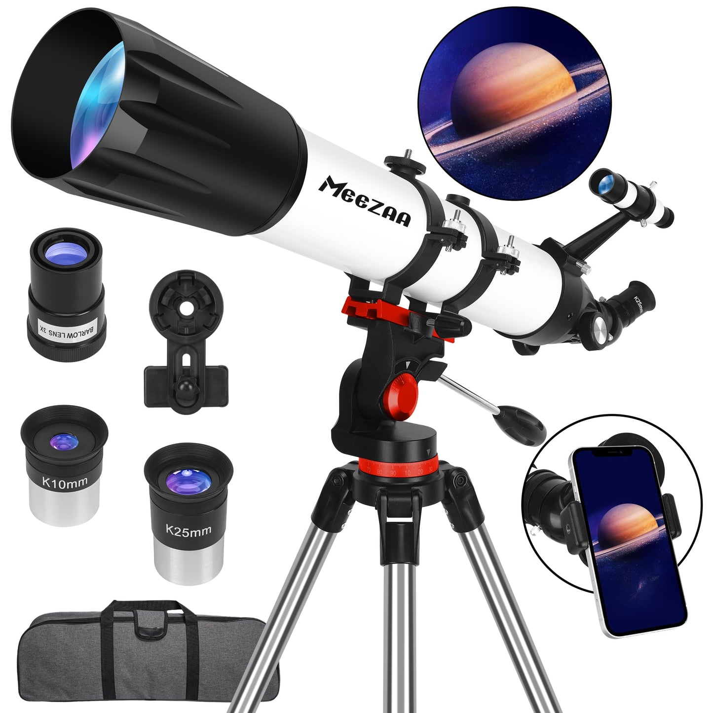 MEEZAA Telescope, Telescope for Adults High Powered Professional, 90mm Aperture 800mm Refractor Telescopes for Astronomy Beginners Fully Multi-Coated with AZ Mount Tripod & Phone Adapter & Carry Bag