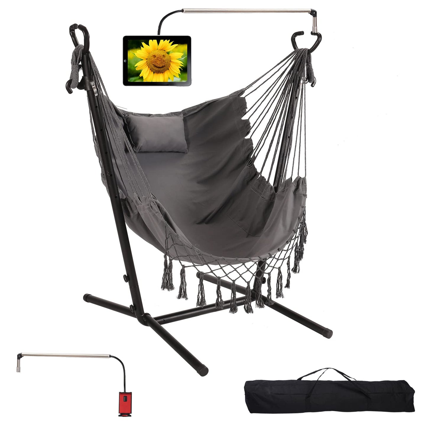 Hammock with Stand Phone Holder Included Double Hanging Chair Macrame Boho Handmade Adjustable Swing Indoor Outdoor Patio Yard Garden Porch 400lbs Capacity (2022 Grey)