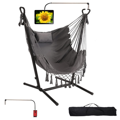Hammock with Stand Phone Holder Included Double Hanging Chair Macrame Boho Handmade Adjustable Swing Indoor Outdoor Patio Yard Garden Porch 400lbs Capacity (2022 Grey)