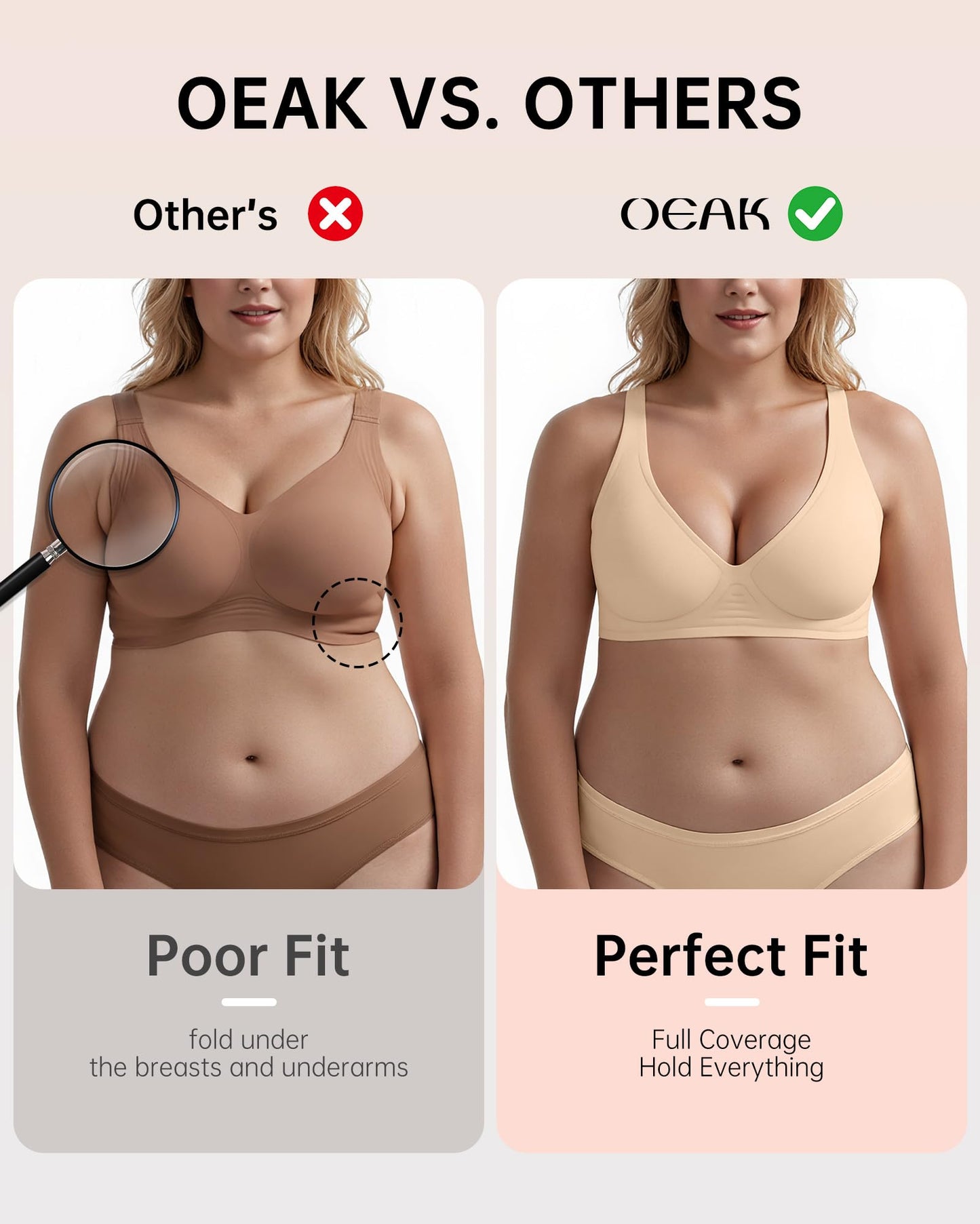 OEAK Womens Deep V Bras Wireless Comfortable Bra Supportive No Underwire Bras Tshirt Push Up Bralettes Plunge Seamless Bra Beige XS