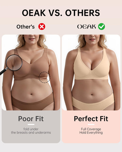OEAK Womens Deep V Bras Wireless Comfortable Bra Supportive No Underwire Bras Tshirt Push Up Bralettes Plunge Seamless Bra Beige XS
