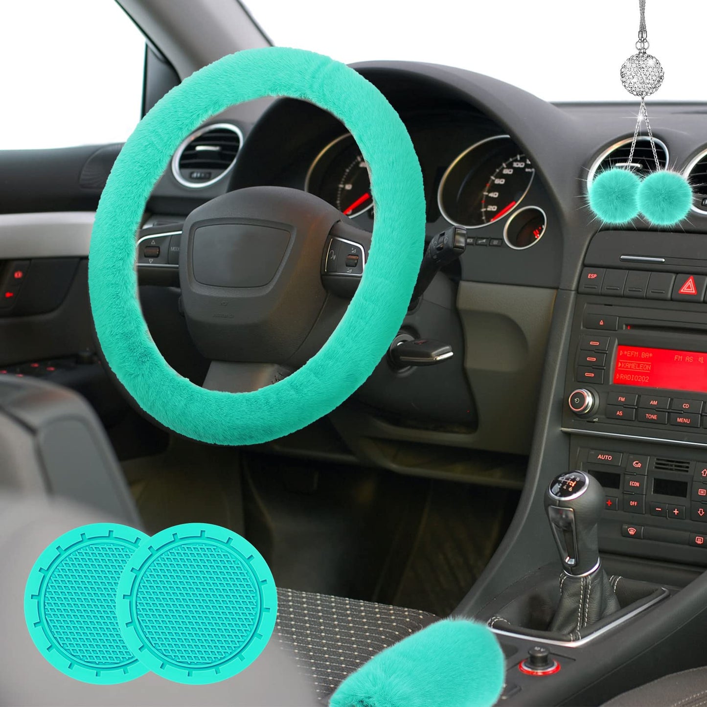 Frienda 6 Pieces Fluffy Car Accessories Set Bling Fluffy Steering Wheel Cover Soft Fuzz Handbrake Gear Shift Cover Bling Mirror Fuzz Car Pad Decoration(Mint Green)