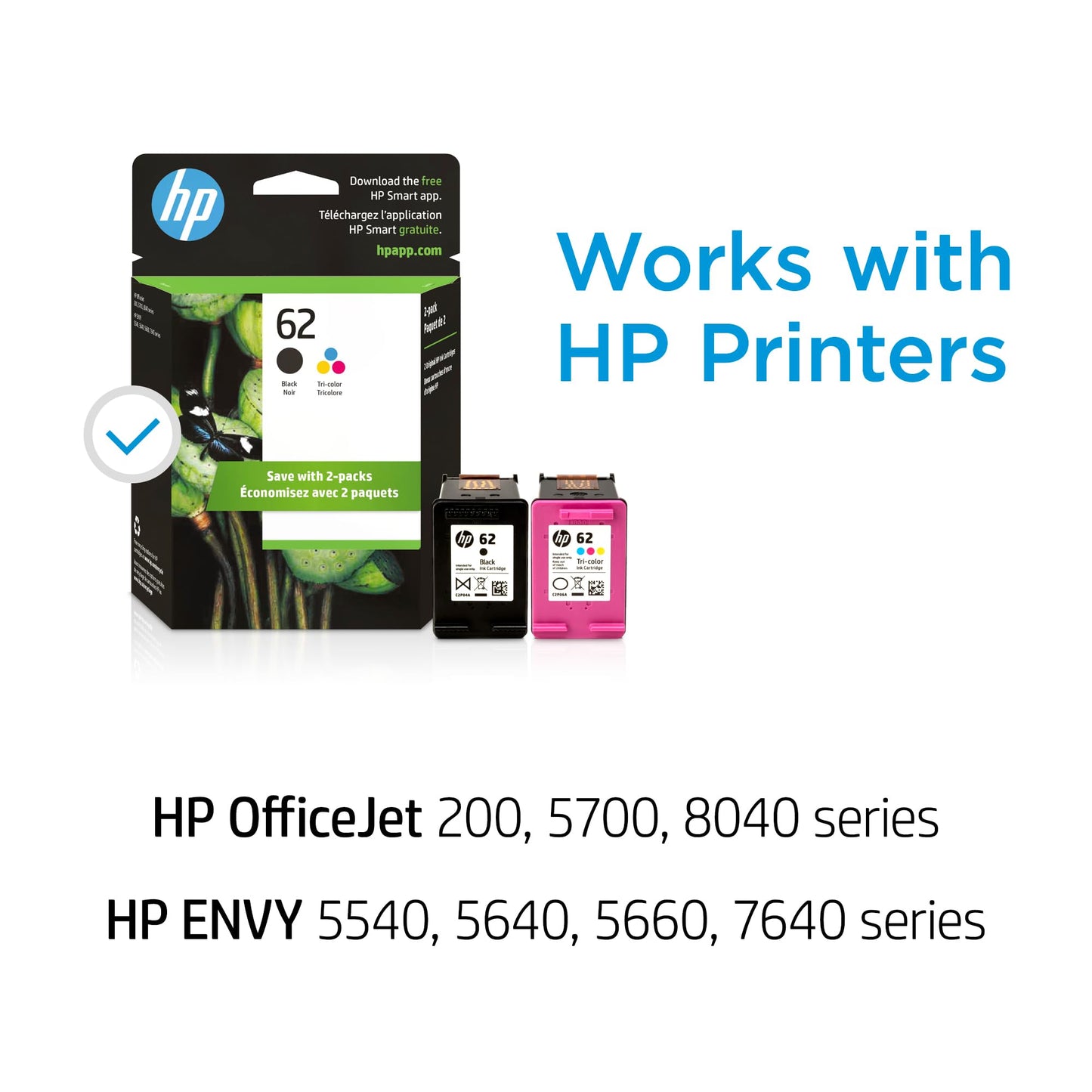 HP 62 Black/Tri-color Ink Cartridges for HP Printers (2-pack) | Works with Printer Series: ENVY 5540, 5640, 5660, 7640, OfficeJet 5740, 8040, OfficeJet Mobile 200, 250 | N9H64FN