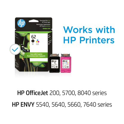 HP 62 Black/Tri-color Ink Cartridges for HP Printers (2-pack) | Works with Printer Series: ENVY 5540, 5640, 5660, 7640, OfficeJet 5740, 8040, OfficeJet Mobile 200, 250 | N9H64FN