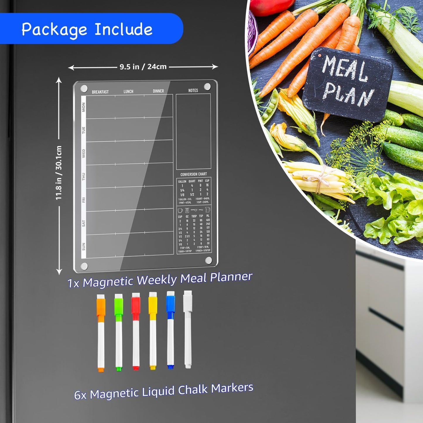 3-in-1 Magnetic Acrylic Meal Planner for Fridge - Clear Weekly Dry Erase Menu Board, Breakfast Lunch Dinner Daily Planner, Healthy Diet Organizer for Kids Teens Family, w/ 6 Markers, 9.5"x12"