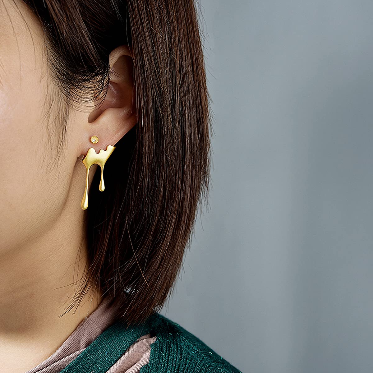 Lotus Fun S925 Sterling Silver Earrings Bee and Dripping Honey Asymmetric Stud Earrings, Creative Handmade Unique Jewelry Gifts for Women (Gold)