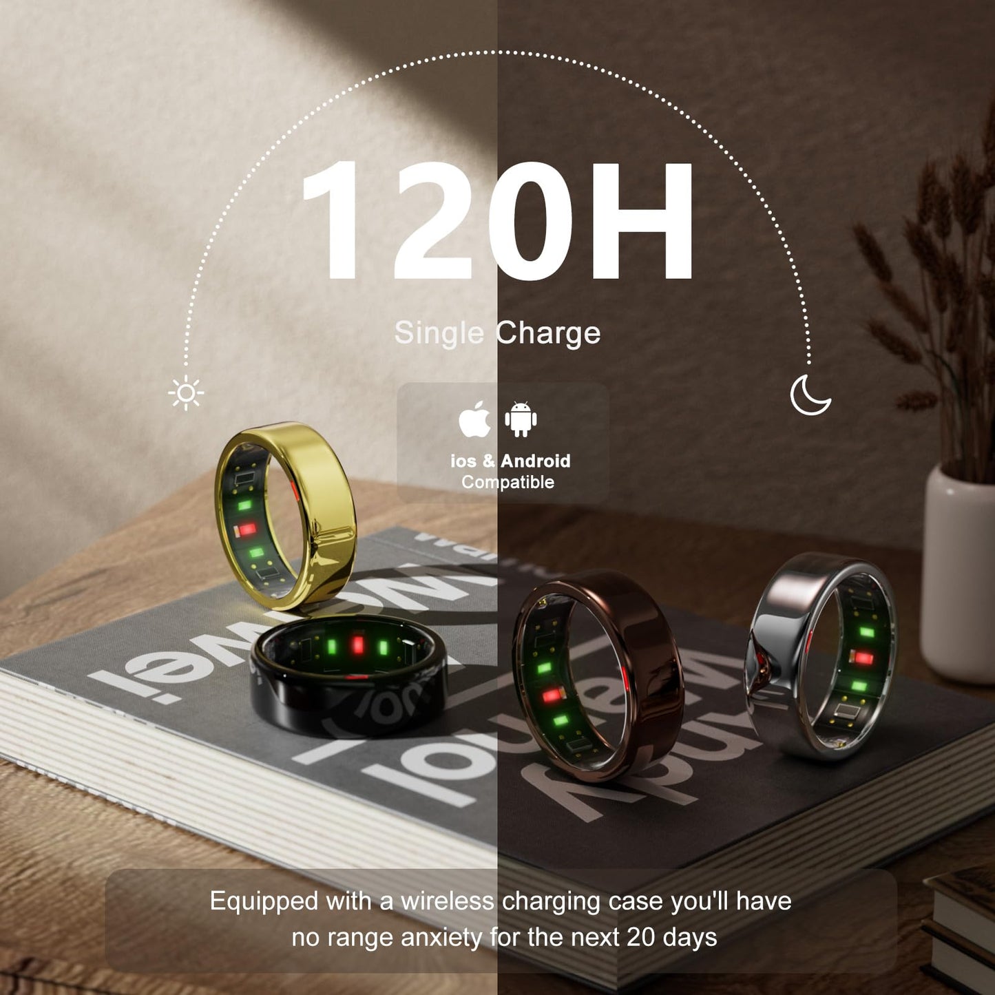 POBOVi Smart Ring for Women Men- Sleep/Fitness/Stress/Heart Rate Tracker- Menstrual Records - 7 Days Battery Life - Wireless Charging - No APP Subscription - iOS & Android Compatible (Gold, Size 9)