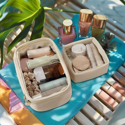 Pocmimut Makeup Bag,Small Makeup Bag TSA Approved Clear Toiletry Bag,Makeup Case Pouches Car Accessories Storage for Women,Travel Essentials Organizers,Beige