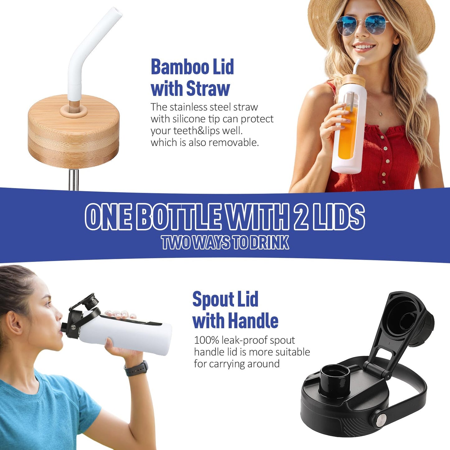 Kodrine 32oz Glass Water Bottle with Straw, Glass Drinking Bottle with 2 lids-Bamboo and Spout Lid, Leakproof Daily Water Intake Bottle with Time Marker for Home,Outdoor Sports, BPA free, White