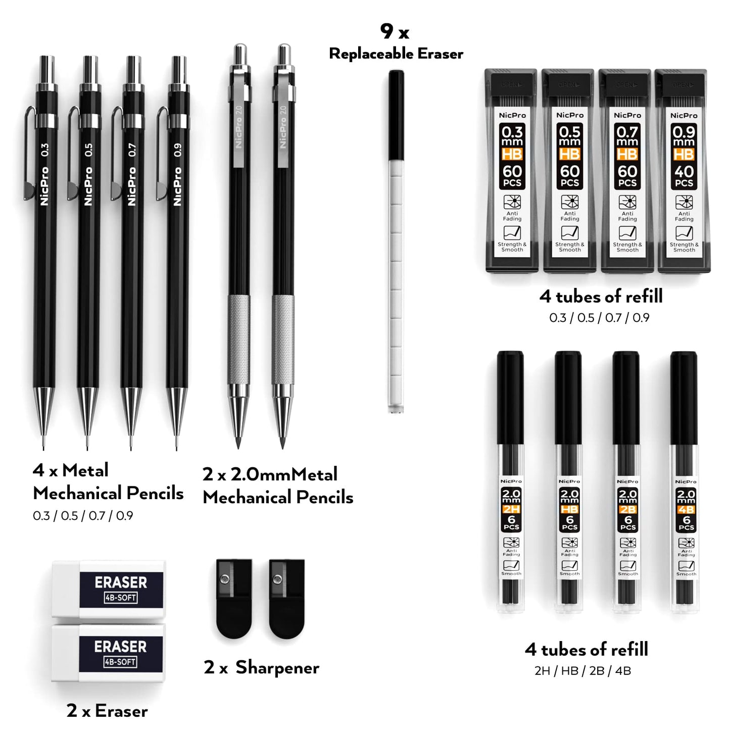 Nicpro 6 PCS Art Mechanical Pencil Set, Black Metal Drafting Pencil 0.3, 0.5, 0.7, 0.9 mm & 2PCS 2mm Graphite Lead Holder(4B 2B HB 2H) For Writing Sketching Drawing With 8 Lead Refills Eraser Case