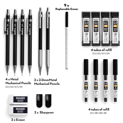 Nicpro 6 PCS Art Mechanical Pencil Set, Black Metal Drafting Pencil 0.3, 0.5, 0.7, 0.9 mm & 2PCS 2mm Graphite Lead Holder(4B 2B HB 2H) For Writing Sketching Drawing With 8 Lead Refills Eraser Case