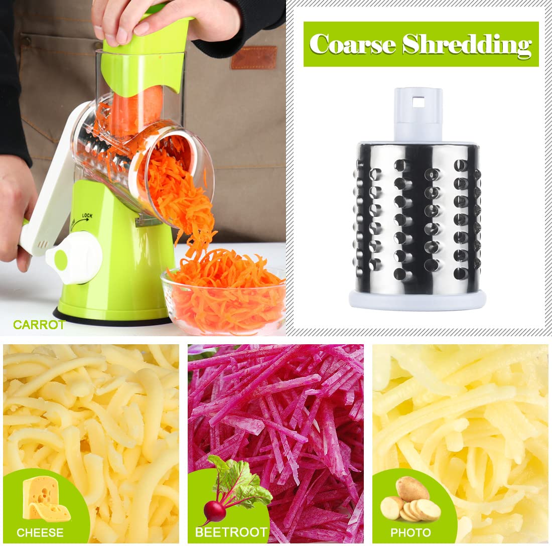 Ourokhome Rotary Cheese Grater Hand Crank, Kitchen Shredder Speed Mandolin Slicer Nut Grinder with Handle and Drum Blades for Cheese, Vegetable, Walnut, Chocolate, Potato, Carrot, 3 Blades, Green