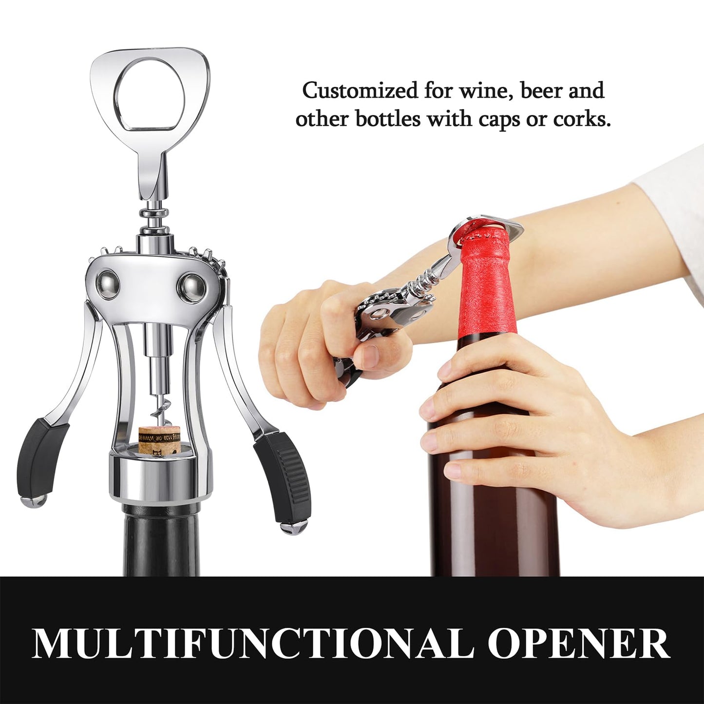 KORCCI Wine Opener, Heavy-Duty Zinc Alloy Wing Corkscrew, Premium Beer Bottle Opener, Multifunctional Wine Accessories with Ergonomic Handle and Sharp Screw, for Kitchen, Bar, Restaurant, Bartenders