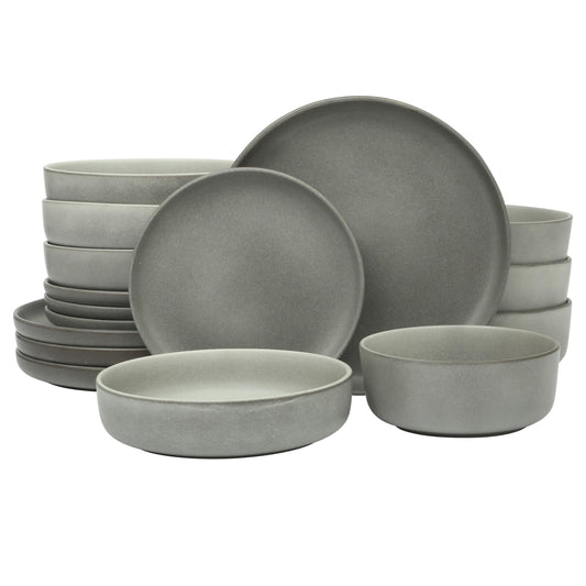 Gibson Elite Pasco 16 Piece (Service for 4) Plates and Bowls Double Bowl Reactive Glaze Dishes Stoneware Ceramic Dinnerware Set - Grey
