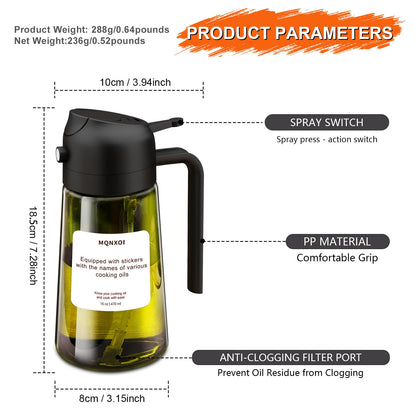 mqnxoi 2 in 1 Glass Oil Sprayer & Dispenser,16oz/470ml Olive Cooking, Air Fryer, and Salad, for Kitchen Gadgets and Air Fryer Accessories, w/Stickers (Black + Dark Green Bottle 2)