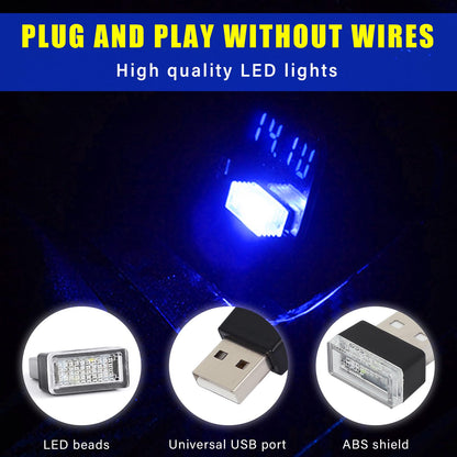 Augeny 4 PCS USB LED Car Interior Atmosphere Lamp, Plug-in USB Decor Night Light, Portable Auto Ambient Lighting Kit, Universal Vehicle Interior Accessories for Most Cars (Blue)